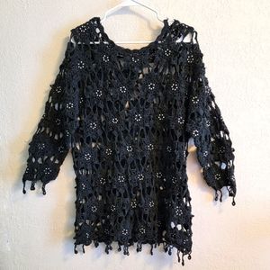 Diana Marco open crochet tunic sweater top with fringe and pearl accents